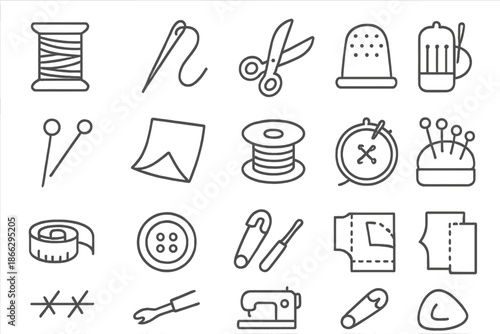 Sewing Kit Icons. Line style icons of sewing kit essentials: Thread, Needle, Sew, Scissors, Thimble, Pin, Fabric, Bobbin, Spool,