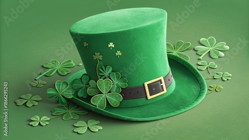 St. Patrick's Day Hat & Clover: A vibrant composition featuring a classic green hat adorned with shamrocks, set amidst a scattering of lush clovers.