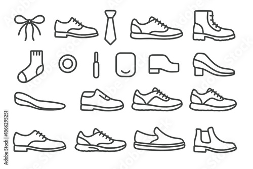 Shoe Element Icons. Line style icons of dress shoe elements: Lace, Shoe, Tie, Sneaker, Boot, Sock, Eyelet, Aglet, Tongue, Heel,