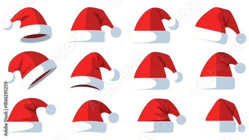 Collection of red Santa hats on white background