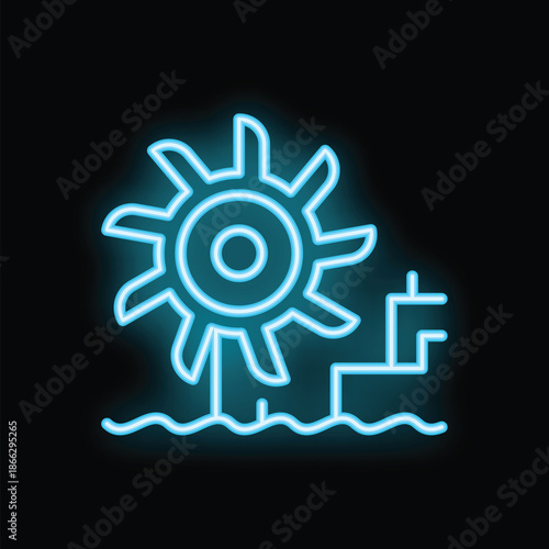 Neon blue icon of a hydroelectric power plant generating clean energy