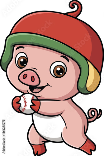 Cartoon pig character in red helmet holding baseball, playful sports mascot with pink body and white belly for kids content