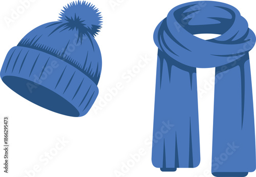 Blue knitted winter hat with pompom and matching scarf set in flat vector illustration style