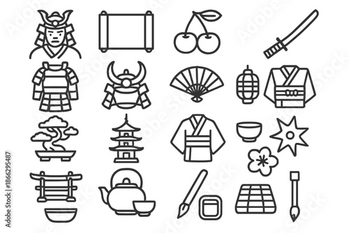 Oriental Culture Icons. Line style icons of oriental culture: Samurai, Scroll, Cherry, Katana, Armor, Helmet, Fan, Lantern, Bonsai