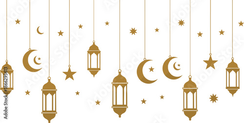 Collection of Hanging Gold Islamic Lantern Silhouettes with Crescent Moons and Stars Decorative Background Elements for Ramadan Kareem and Eid Mubarak