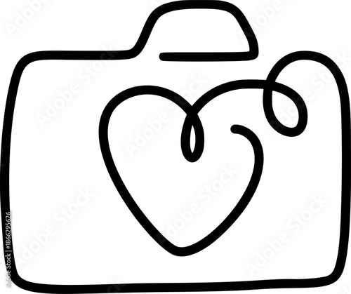 Camera vector outline drawing icon with a continuous line forming a heart, expressing love and passion for memories photography art, logo