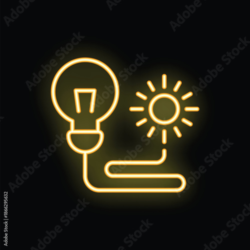 Neon style icon of a light bulb being powered by the sun, representing renewable energy and sustainability