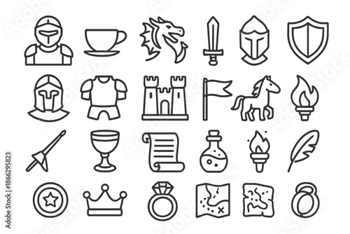 Fantasy Icons Collection. Line style icons of heroic fantasy: Knight, Teacup, Dragon, Sword, Shield, Helmet, Armor, Castle, Banner