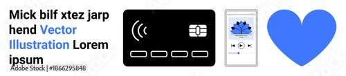 Financial technology, digital payments, music streaming, wellness, modern lifestyle, technology integration. A contactless payment card, smartphone music app and heart symbol. Financial technology