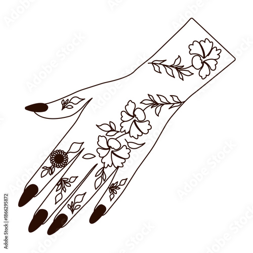 An illustration  a hand with a mehndi design. 