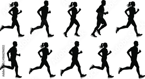 Black silhouettes of men and women running and jogging collection, fitness and athlete exercise poses set, healthy active lifestyle vector, isolated on white,