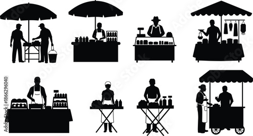 Black street market stall silhouettes collection, outdoor food vendor icons set, local farmers market illustrations, merchant booth graphics, isolated on white background vector,