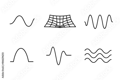 Spacetime Wave Icons. Line vector icons of spacetime ripple concept: curved wave, bending grid, oscillation flow, amplitude arc,