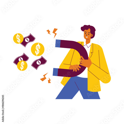 Man attracting money with a large magnet symbolizing financial success and wealth generation.