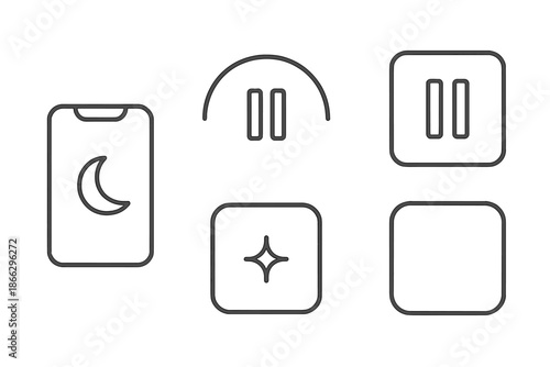 Tech Icons Resting. Line vector icons of tech pause moment: phone rest mode, pause arc, soft glow, quiet frame, balanced space,