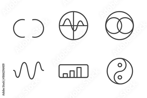 Quantum Modes Icons. Line vector icons of superposed quantum modes: twin arcs, dual-phase sphere, mixed-state ring, interference