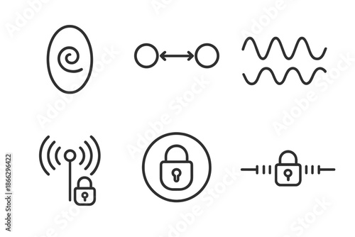 Quantum Cryptography Icons. Line vector icons of quantum cryptographic exchange: quantum key loop, photon pair arc, wave exchange,