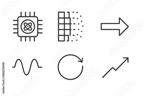 Quantum Transformation Icons. Line vector icons of quantum-era transformation: quantum module, fading transistor grid, evolution