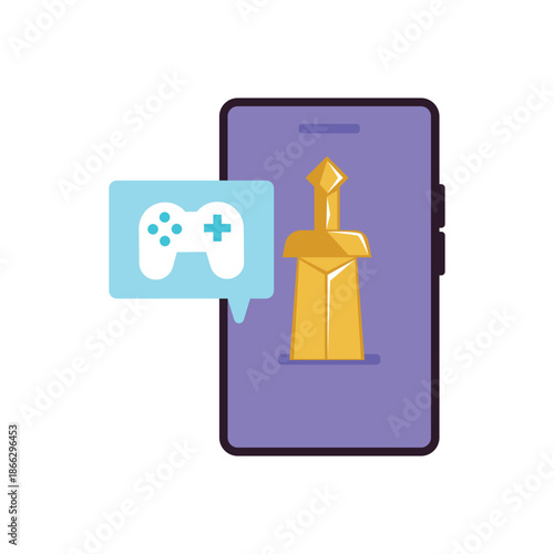 Mobile phone with a sword and game controller icon.