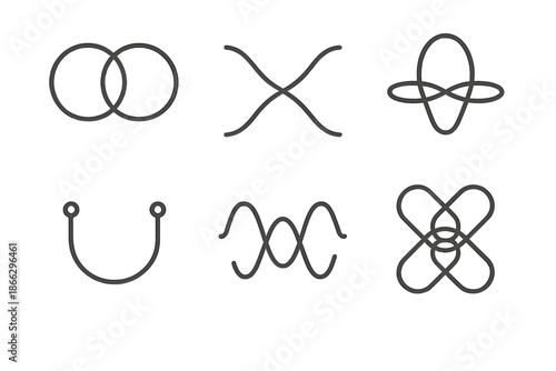 Quantum Pair Icons. Line vector icons of entangled quantum pairs: paired spheres, crossed wave bands, unified phase loop, joint