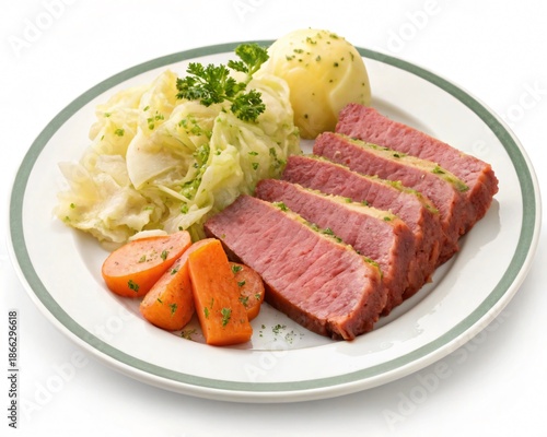 Culinary Delight: A plate of classic corned beef, savory cabbage, tender carrots, and creamy potatoes, garnished with fresh parsley, offers a taste of comfort and hearty satisfaction.