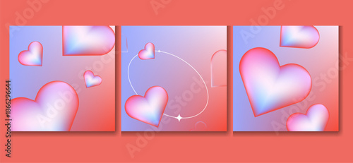 Three abstract gradient panels showcase glossy three dimensional floating hearts against a soft colorful background design.