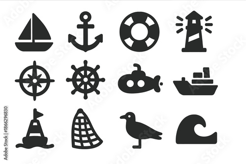 Sea Travel Icons. Solid style icons of Sea travel: sailboat, anchor, lifebuoy, lighthouse, compass rose, steering wheel, submarine