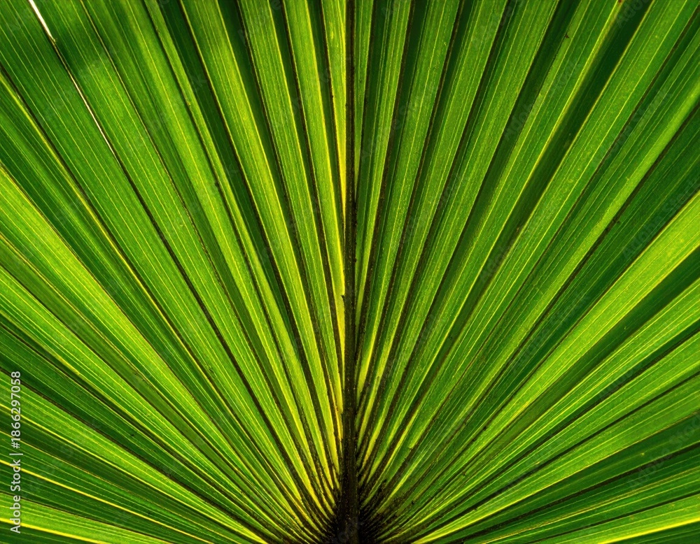 Fototapeta premium Detailed close-up of vibrant green palm leaf radiating from center