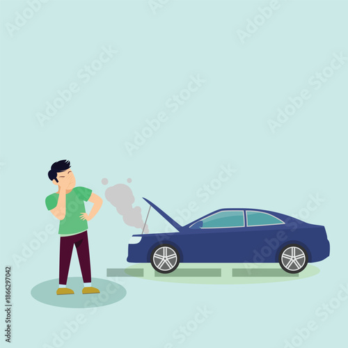 vector of a sad man with his broken car