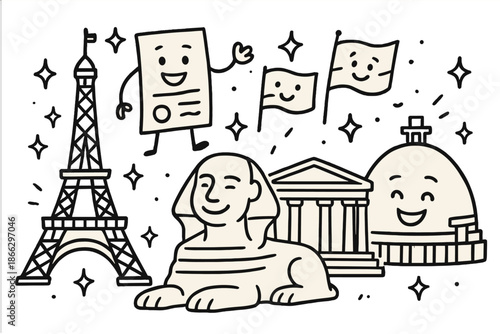 Playful Monuments Celebration. Playful doodle UNESCO safeguarding illustration with happy monuments, cartoon documents with faces,