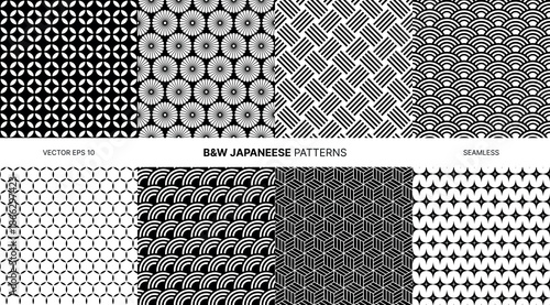 Black white Japanese seamless vector patterns collection featuring geometric shapes, floral ornaments, wave designs, minimal abstract textures, traditional oriental backgrounds fabric print projects