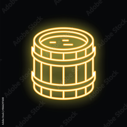 Neon yellow icon of a sauna bucket glowing on a black background, perfect for wellness and relaxation themes