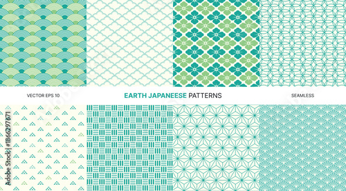 Seamless vector patterns in Japanese traditional style, teal and green geometric cultural motifs, ornamental backgrounds for textile, wallpaper, wrapping, minimal decorative art with symmetry elegance
