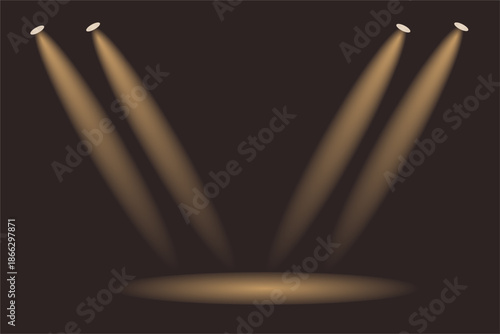 Stage   bright spotlights emitting warm golden rays against dark brown background,vector