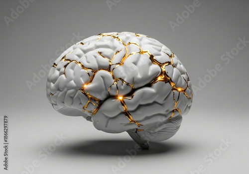 White porcelain human brain sculpture repaired with gold kintsugi cracks healing trauma concept.