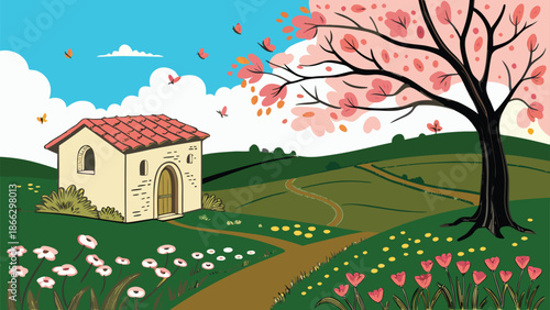 An idyllic spring landscape illustration featuring a small, cozy house and a blossoming cherry tree on rolling green hills Vector