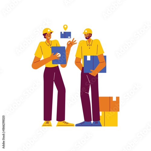 Two delivery men discussing logistics for efficient package transportation.