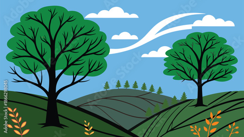 A colorful cartoon illustration depicting a serene rural landscape with large green trees on rolling hills under a vibrant blue sky Vector