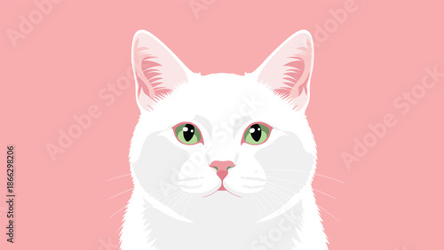 Portrait of a beautiful white cat with green eyes and pink ears centered against a solid vibrant pink background for pet-related themes.