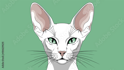 Close-up illustration of an Oriental Shorthair cat face with large ears and green eyes against a solid green background color.