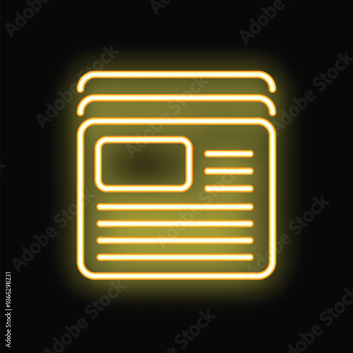 Yellow neon sign illustrating a newspaper with headlines on black background