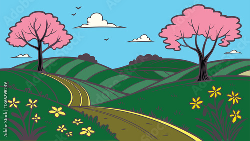 Winding road through idyllic spring landscape with blooming pink blossom trees under a clear blue sky Vector