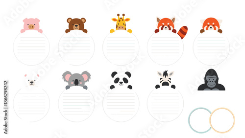 Collection of cute cartoon animal heads including a panda koala zebra and gorilla peeking over circular lined memo note pads.