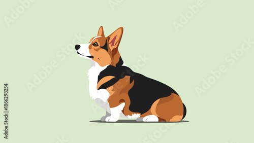 Detailed profile illustration of a Pembroke Welsh Corgi sitting and looking forward against a soft green background color.