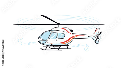 Modern white helicopter with red stripes in flight against a white background featuring wind swirls to show movement.