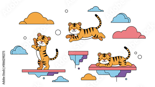Playful cartoon illustration of three tigers jumping and lying on colorful floating platforms among clouds in a blue sky.