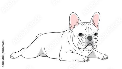 Charming illustration of a white French Bulldog lying down in a relaxed pose with its large bat-like ears alert on a white background.