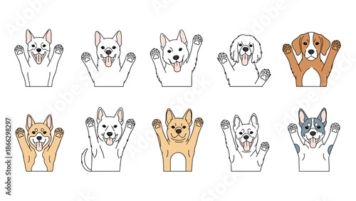 Fun collection of ten different cartoon dog breeds with their paws raised high as if cheering or greeting against a white background.