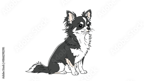 Detailed illustration of a long-haired black and white Chihuahua dog sitting and looking to the side on a white background.