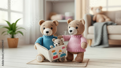 Cute teddy bears reading a book together in a cozy living room. Family life, care and support concept.
